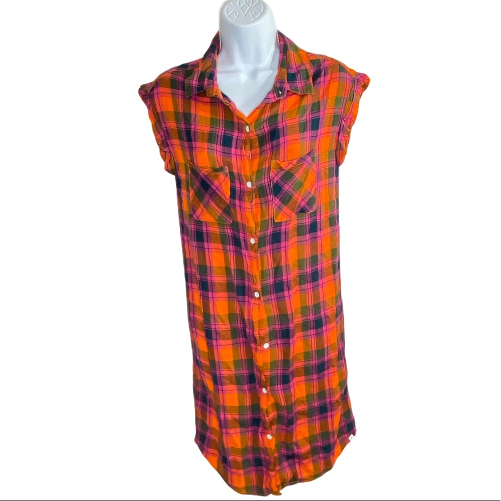 KAVU Orange Plaid Cotton Shirt Dress XS Tunic Top